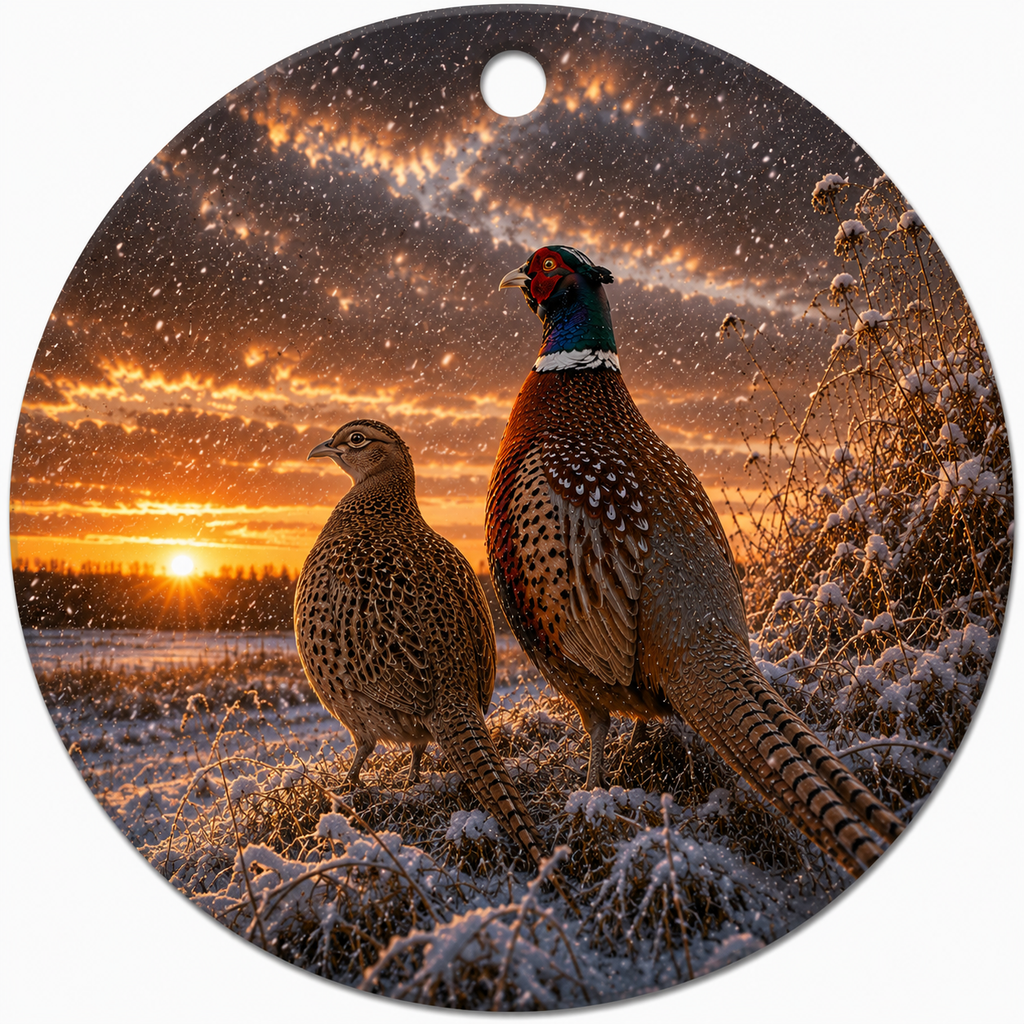 Round hanging ceramic ornament featuring a print of two pheasants in a snowy field at sunset, with a hole at the top for hanging.