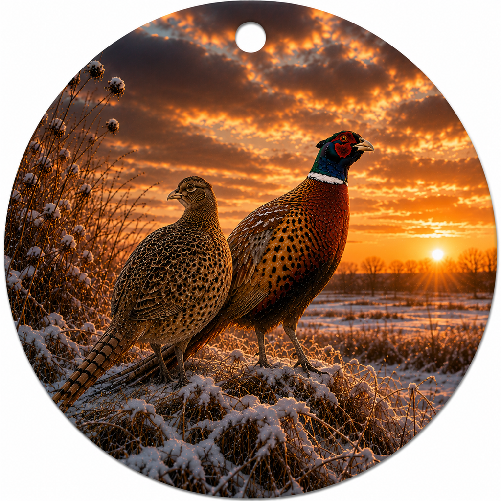 Round hanging ceramic ornament featuring a print of two ring-necked pheasants standing in frost-covered grass at sunset, with a small hole at the top for hanging.