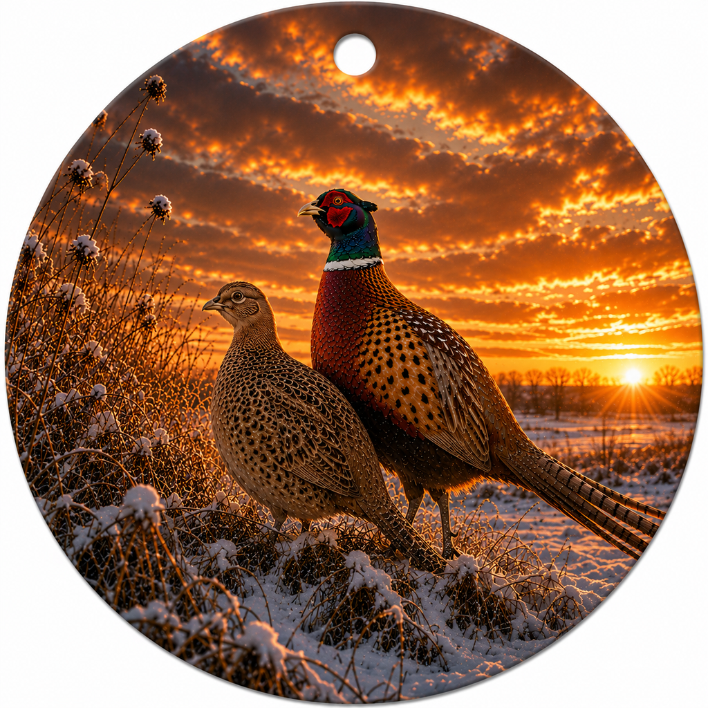 A round hanging ceramic ornament featuring a winter landscape with two ring-necked pheasants standing in snow under a dramatic orange sunset sky.