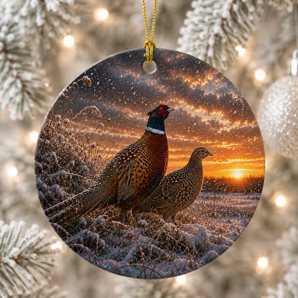Round Christmas ceramic ornament featuring a printed winter scene of two ring-necked pheasants standing in snow at sunset, hanging from a gold string against a blurred festive tree background.