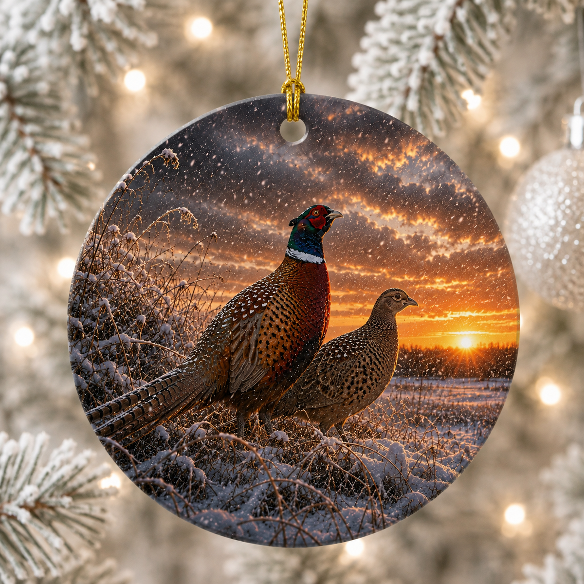 Round Christmas ceramic ornament featuring a printed winter scene of two ring-necked pheasants standing in snow at sunset, hanging from a gold string against a blurred festive tree background.