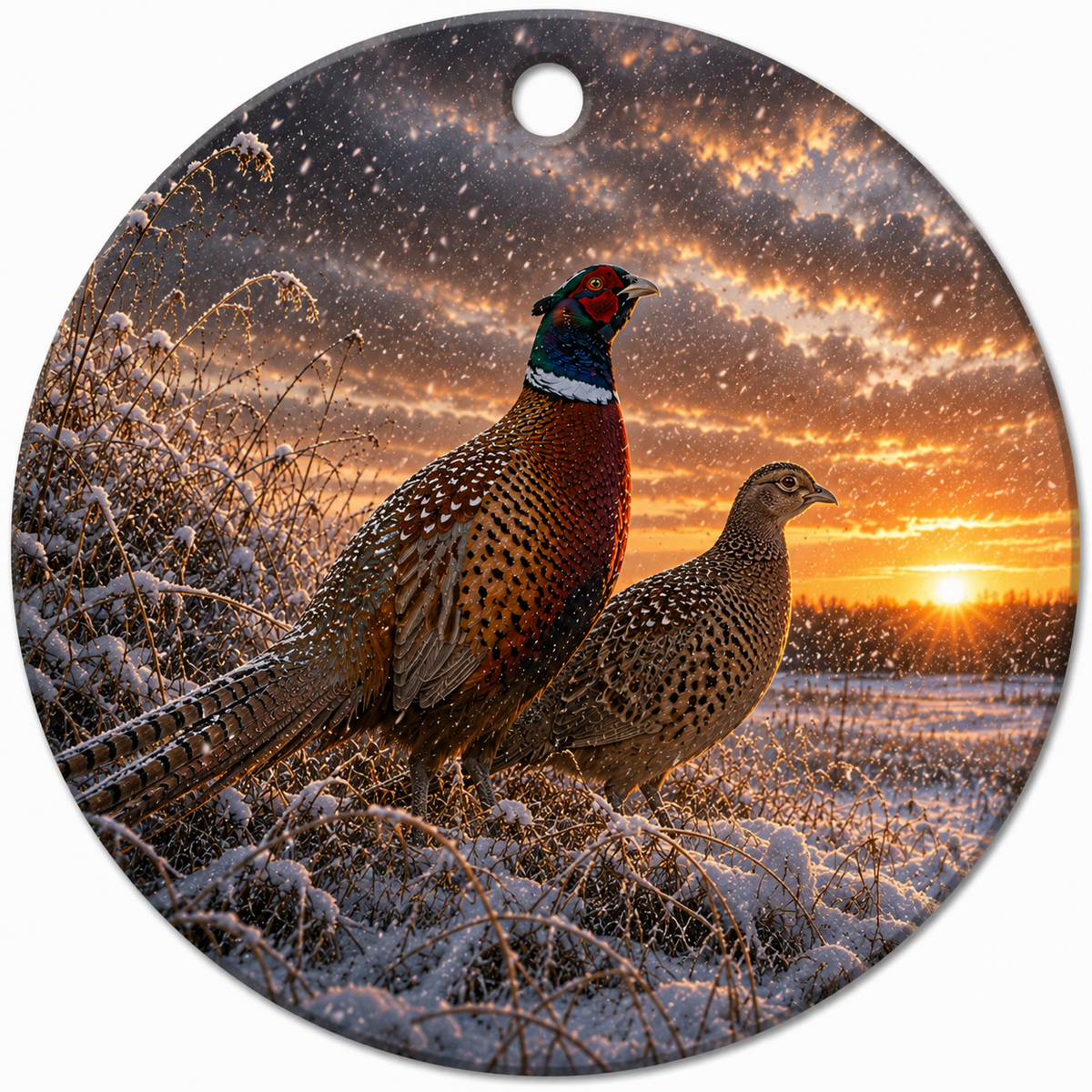 Round hanging ceramic ornament featuring a winter landscape print of two ring-necked pheasants standing in snow at sunset, with a small hole at the top for hanging.
