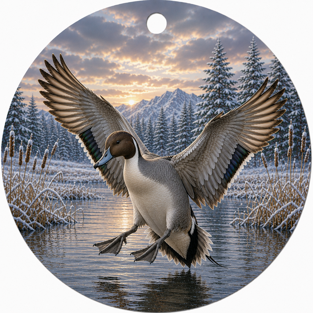 Round hanging ornament featuring a detailed winter landscape with a flying Pintail duck in front of snowy trees and mountains at sunset, shown on a plain white background.