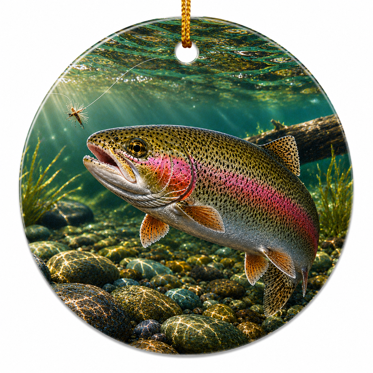 Ceramic Ornament featuring a realistic painting of a Rainbow Trout 