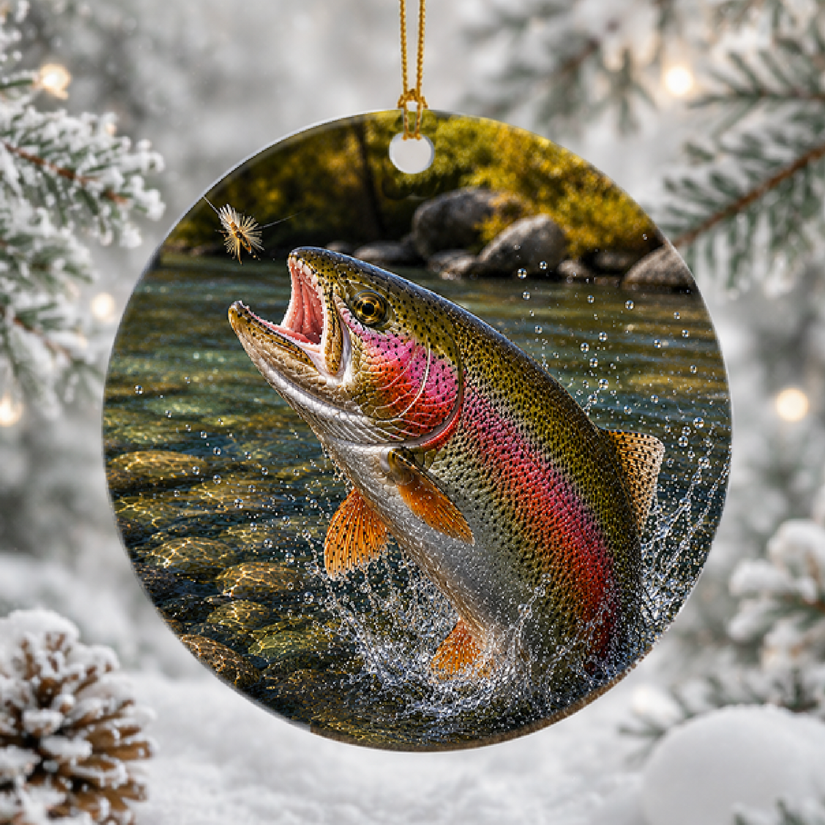 Round hanging ceramic ornament featuring a rainbow trout jumping from a river, shown against a snowy winter tree background with blurred lights.