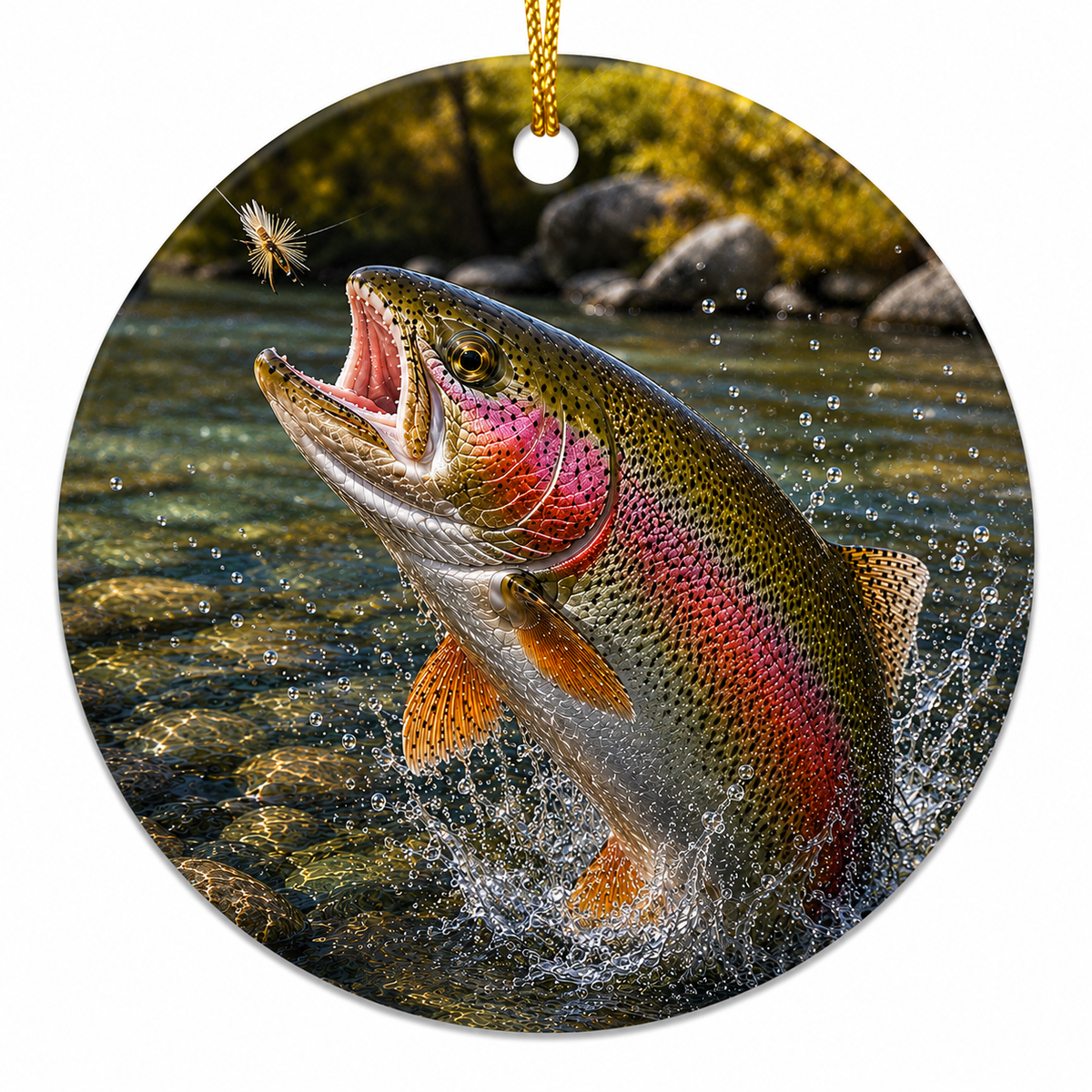Round hanging ceramic ornament featuring a realistic painting of a rainbow trout jumping from a river, with a gold string loop at the top.