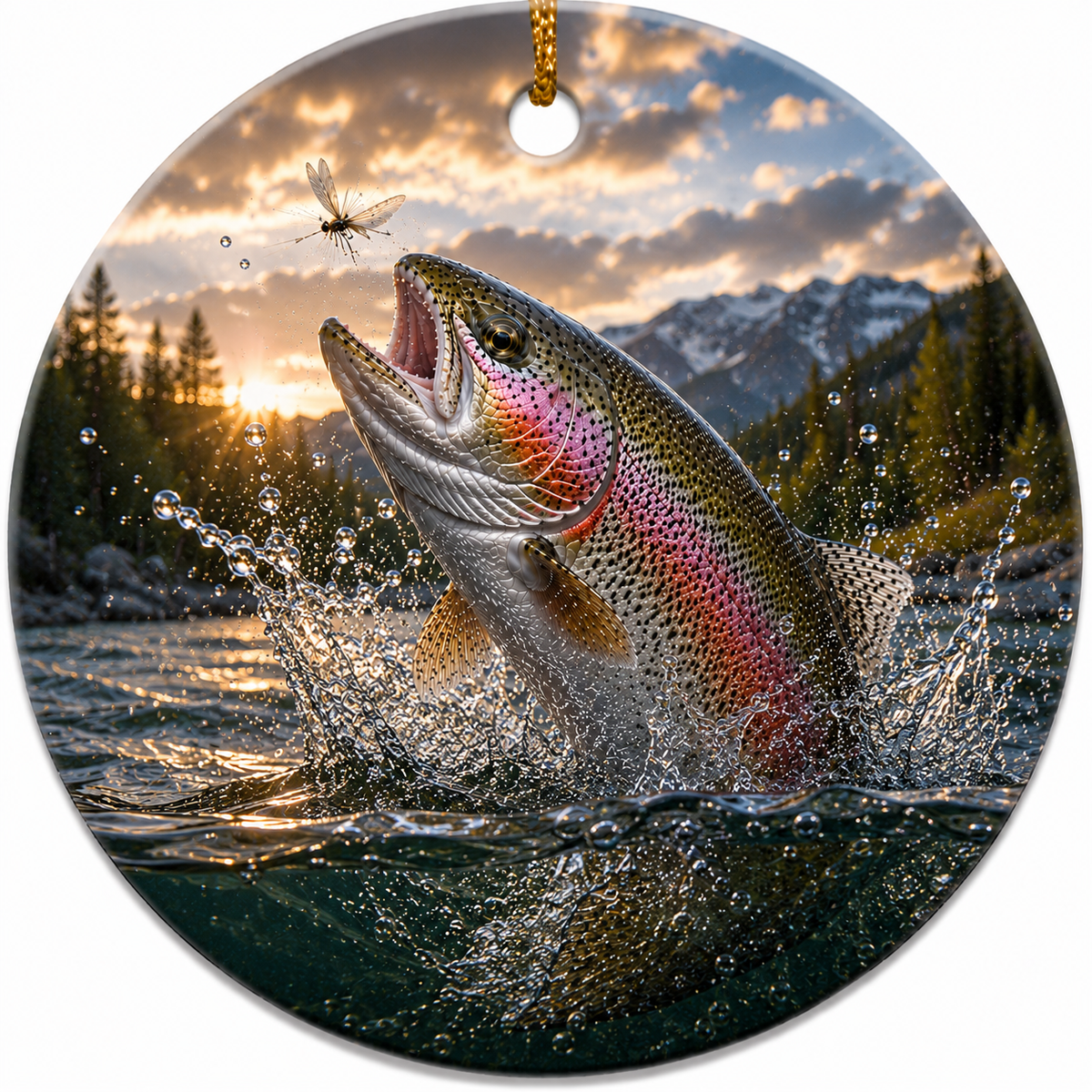 Ceramic Ornament featuring a realistic painting of a Rainbow Trout leaping from the water