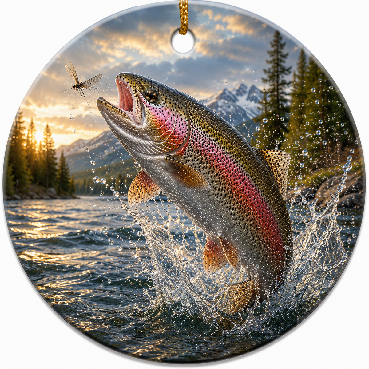 Ceramic Ornament featuring a realistic painting of a Rainbow Trout leaping from the water