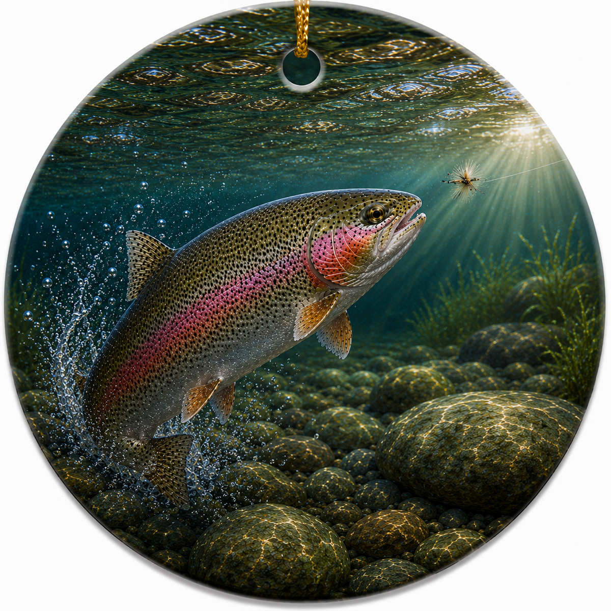 Round hanging ceramic ornament featuring a realistic underwater scene of a rainbow trout jumping over rocks in a river, with sunlight filtering through the water and a small fishing line lure near the top right.