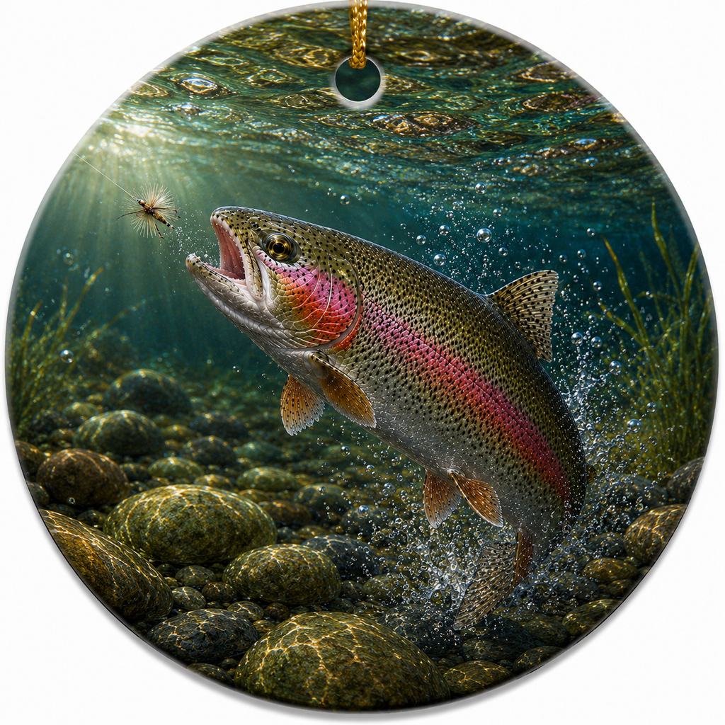 Ceramic Ornament featuring a realistic painting of a Rainbow Trout 