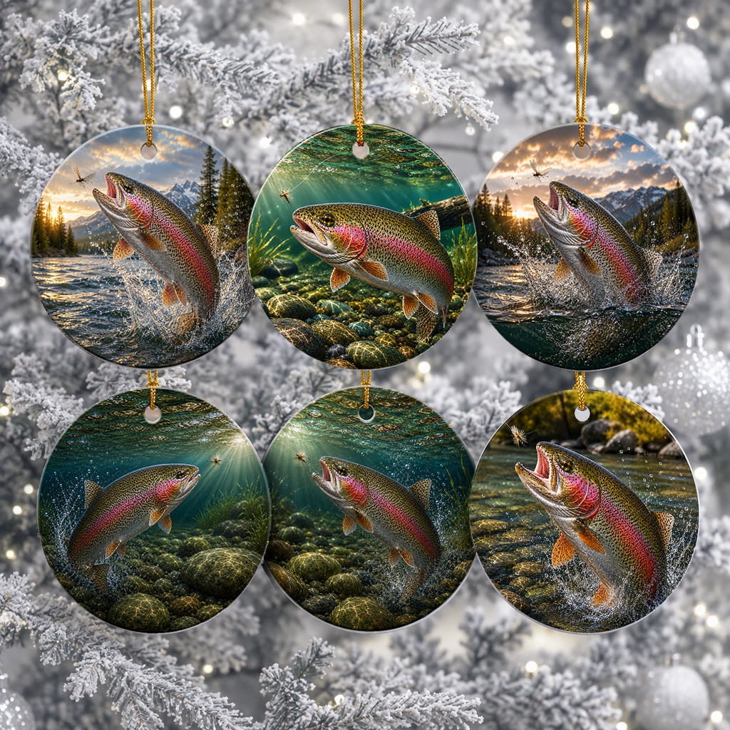 Six round ceramic Christmas ornaments featuring colorful trout fishing scenes, hanging from gold strings against a snowy, frosted tree background.