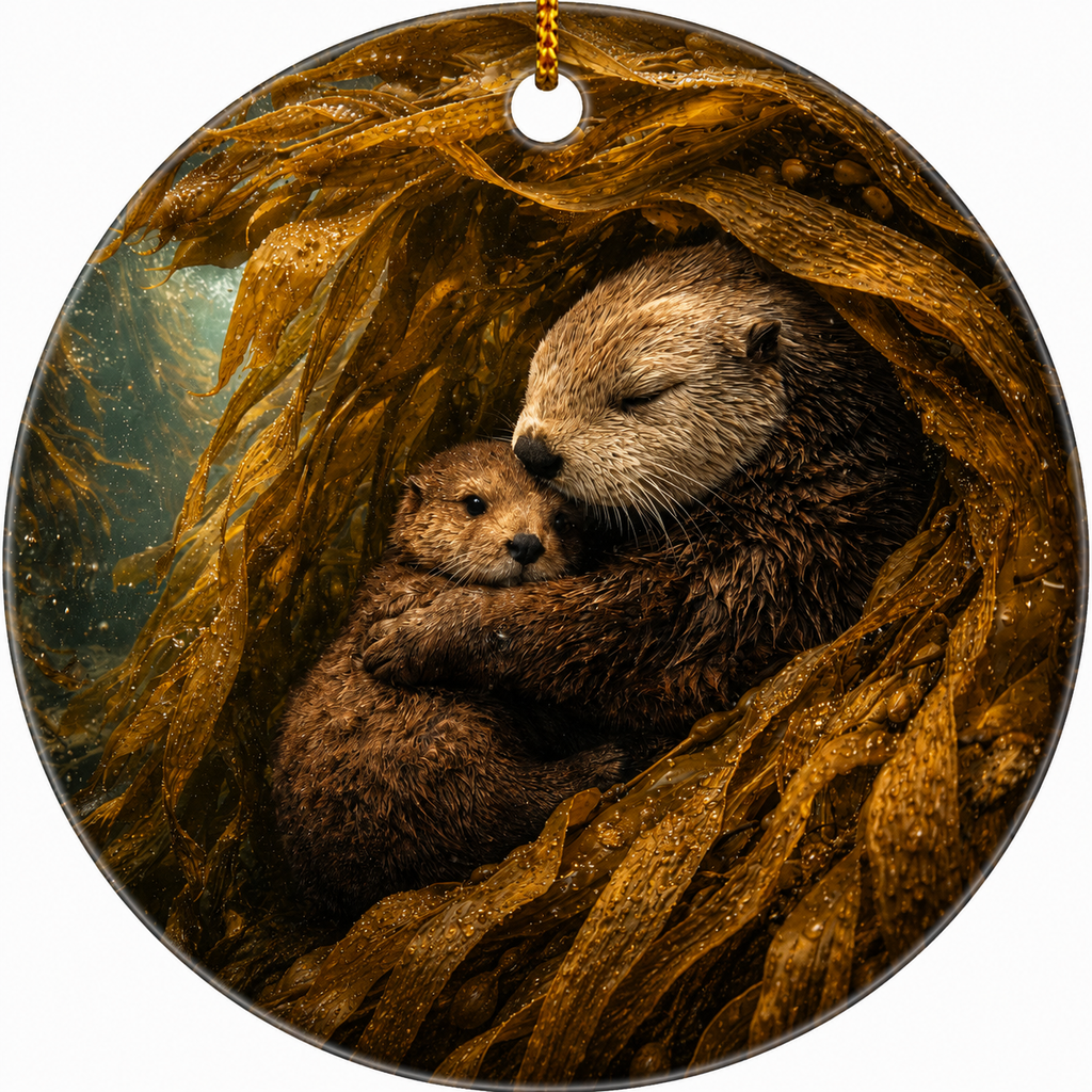 Round ceramic ornament featuring a printed illustration of an adult Sea Otter and a pup hugging inside a kelp forest, with a gold hanging string at the top, shown on a white background.