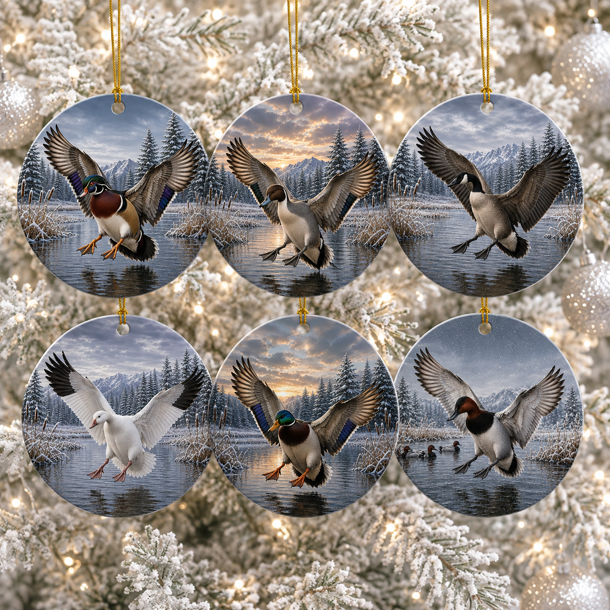 Six round ceramic Christmas ornaments featuring different waterfowl duck and geese scenes, hanging on a snowy Christmas tree branch.