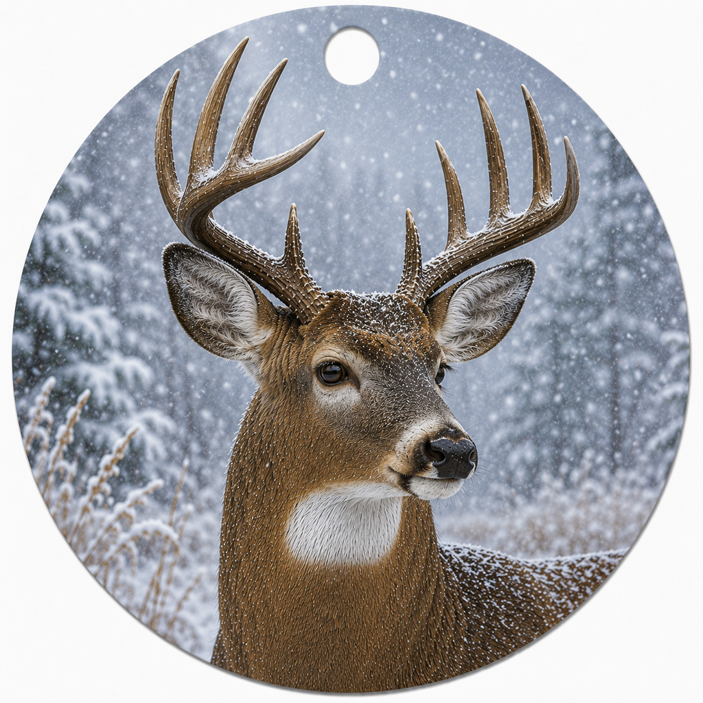 Round hanging ceramic ornament featuring a detailed winter photograph of a white-tailed deer with large antlers in a snowy forest, shown on a plain white background.