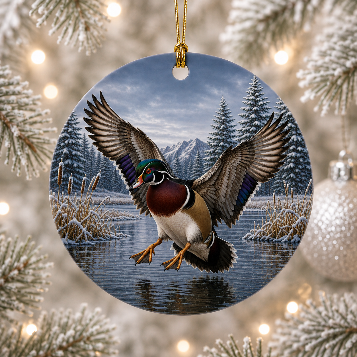 Round ceramic Christmas ornament featuring a detailed illustration of a Wood duck in flight over a snowy winter landscape with mountains and trees, hanging against a blurred festive background of lights and pine branches.