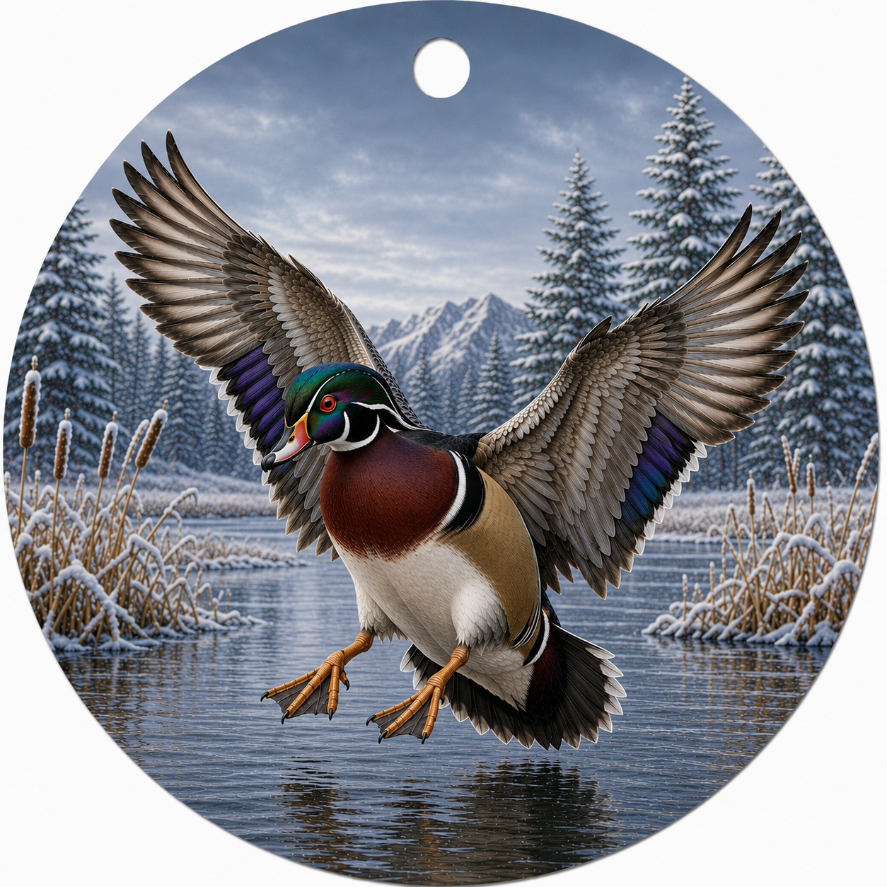 Round hanging ceramic ornament featuring a winter woodland scene with a Wood duck flying over water, surrounded by snow-covered trees and reeds, on a white background.