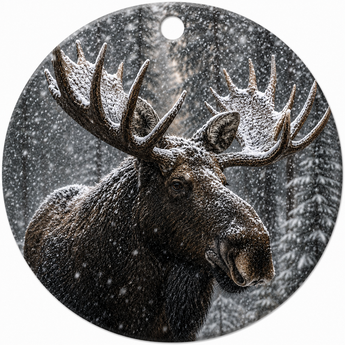 Round hanging ceramic ornament featuring a detailed winter forest scene with a snow-covered moose in the foreground, set against a white background.