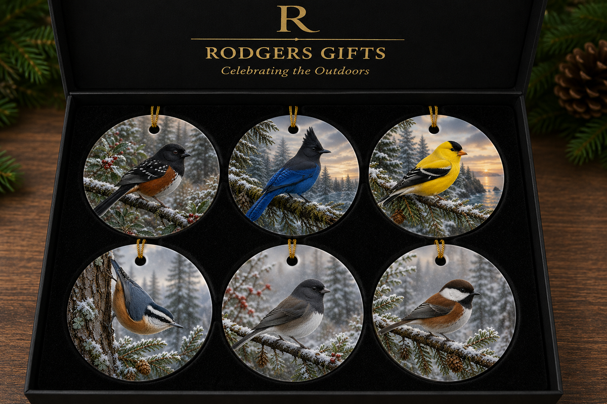 Ceramic Christmas ornaments in a presentation box featuring 6 coloful feeder birds.