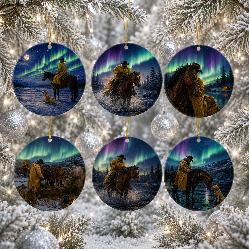 Six round ceramic Christmas ornaments hanging on a snowy pine tree, each featuring a western-style scene with cowboys on horseback under the aurora borealis.
