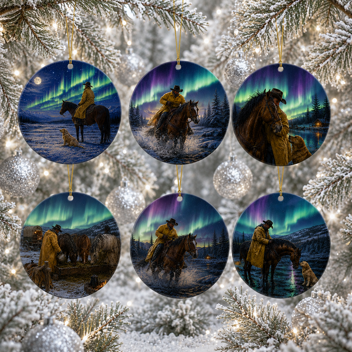 Six round ceramic Christmas ornaments hanging on a snowy pine tree, each featuring a western-style scene with cowboys on horseback under the aurora borealis.