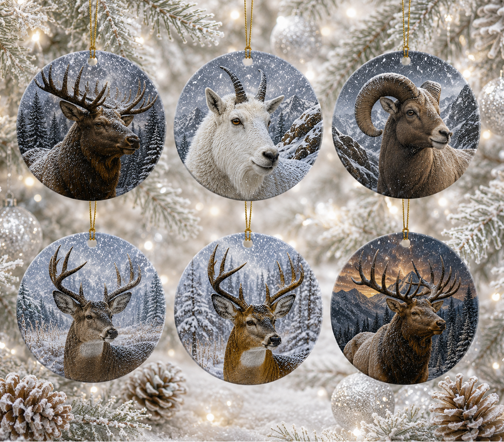 Six round ceramic Christmas ornaments featuring realistic animal portraits of deer, a mountain goat, a bighorn sheep, moose, and elk, in snowy mountain scenes, hanging against a festive snowy tree background with lights and pinecones.