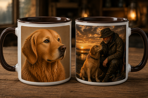 Two ceramic mugs with dark brown interiors and handles, displayed side by side on a wooden table. The left mug features a printed portrait of a golden retriever, and the right mug shows a printed scene of a man and the same dog at sunset.