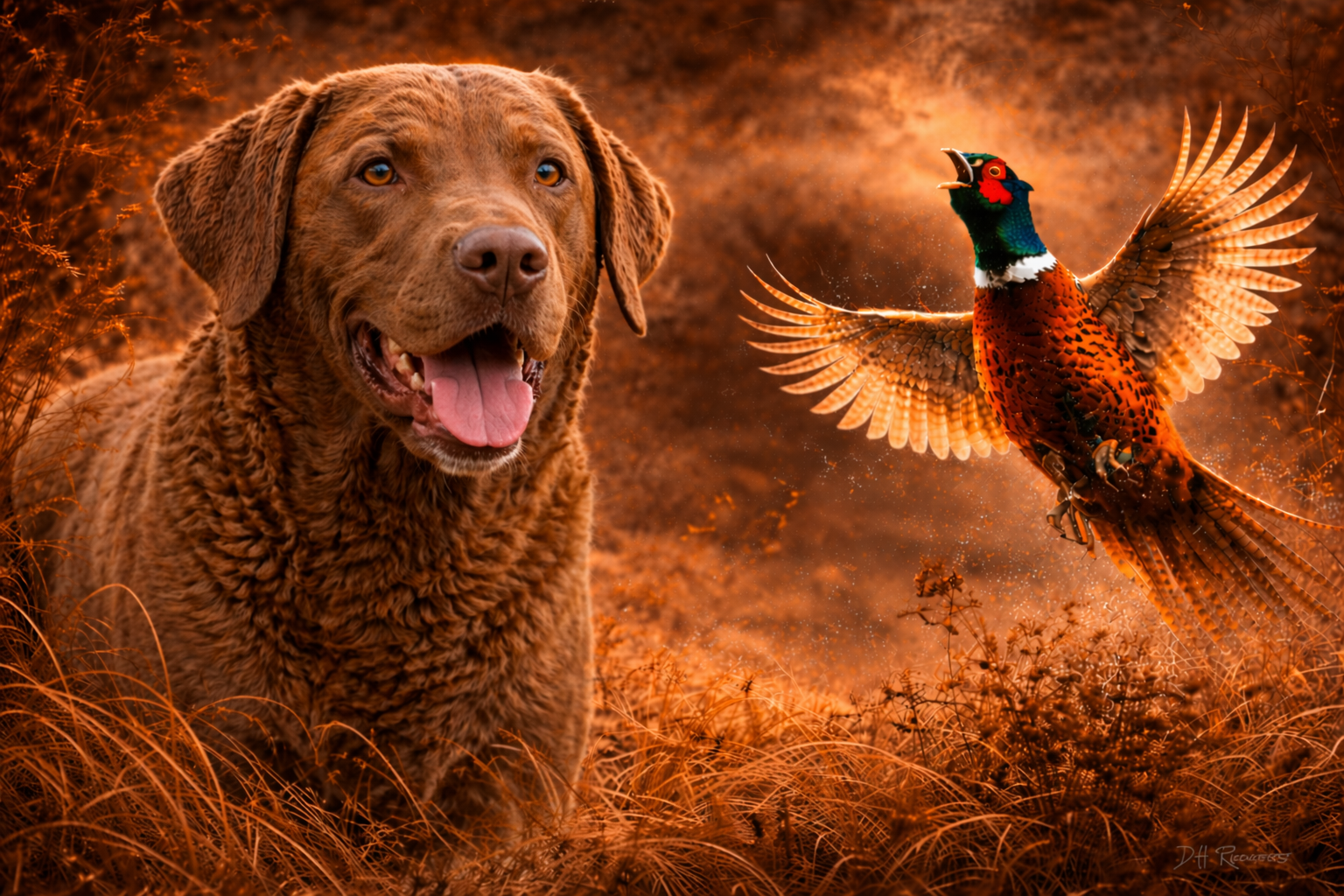 Chesapeake Bay Retriever & Pheasant - Print on Canvas