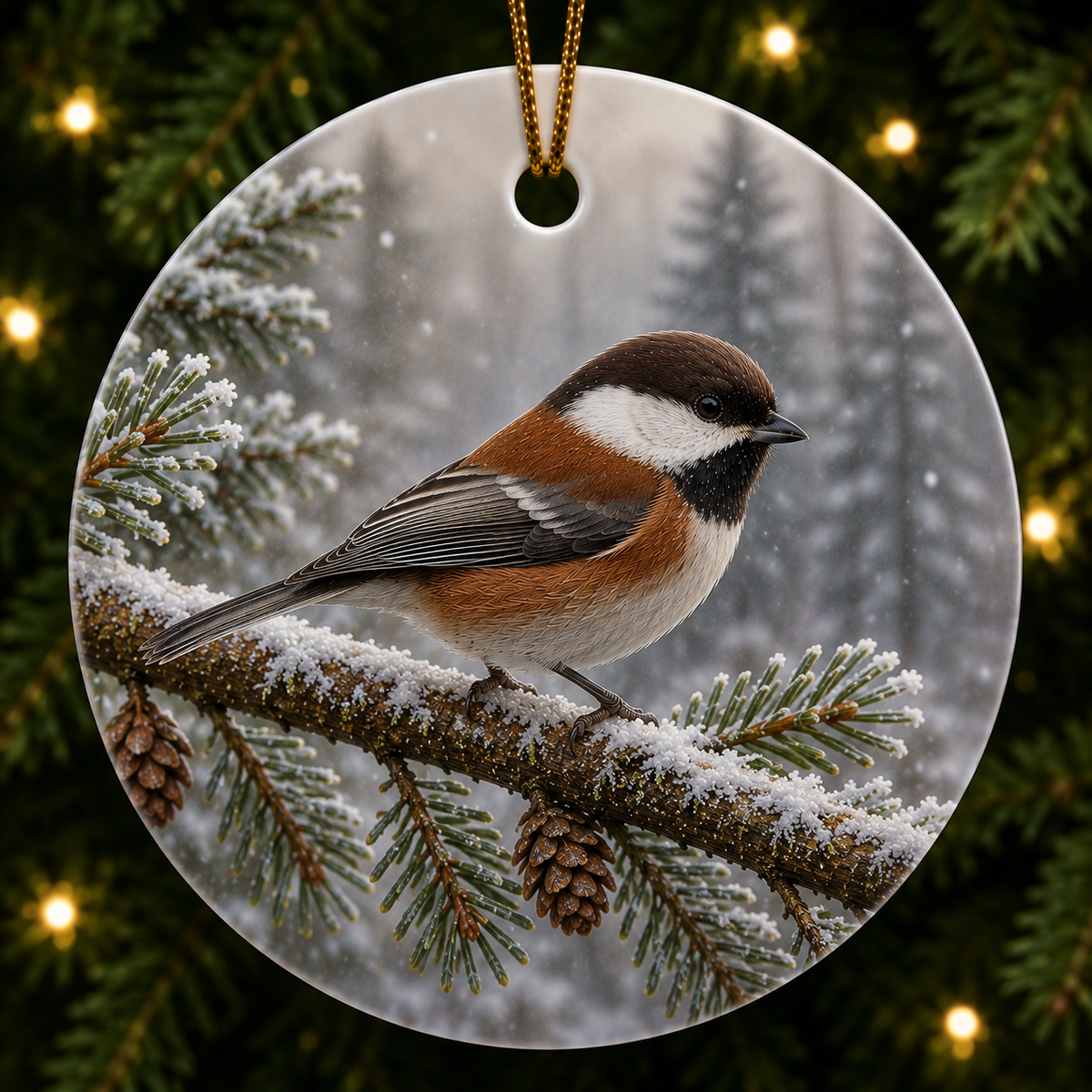 Painting of a Chickadee in winter on a ceramic ornament.