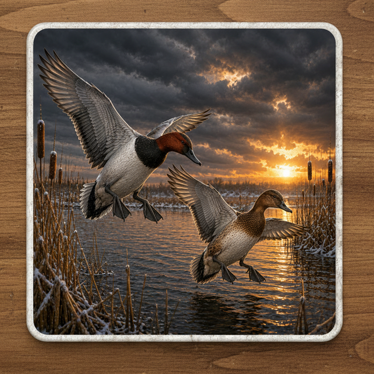 A print on ceramic coaster featuring a dramatic winter duck scene. Two Canvasback ducks are captured mid-flight over a snowy marsh at sunset, with the drake on the left and hen on the right.