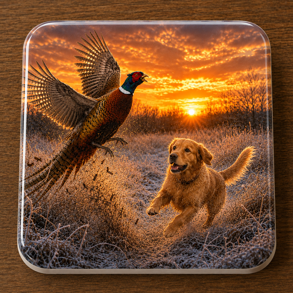 A square ceramic coaster with rounded corners, featuring a printed scene of a pheasant and a golden retriever dog running through frosty grass at sunset, placed on a dark wood surface.