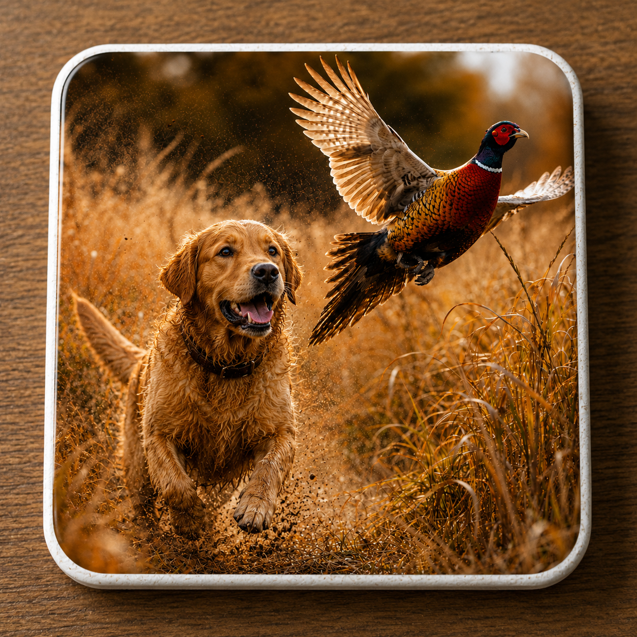 A square ceramic coaster with rounded corners featuring a realistic print of a golden retriever running through tall dry grass while chasing a pheasant game bird in flight, shown on a dark wood surface.
