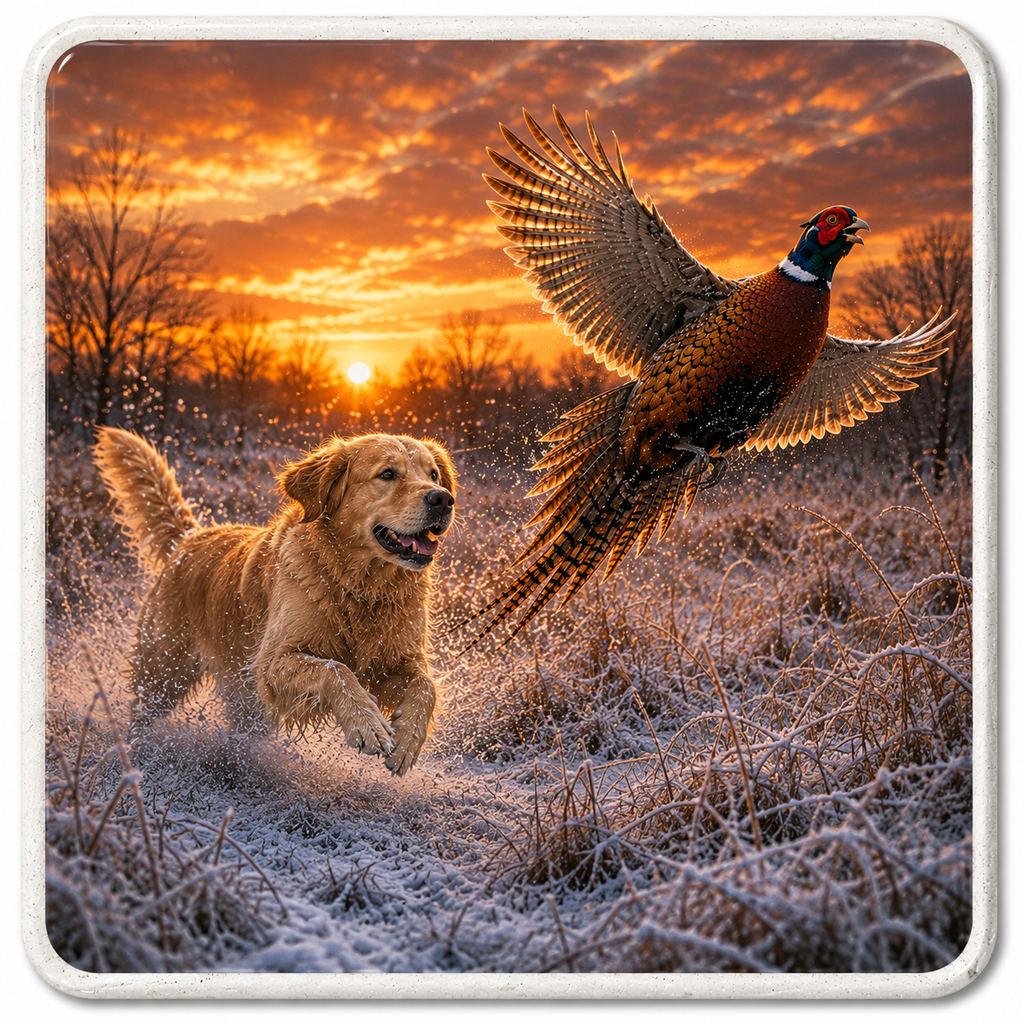 A square ceremaic coaster with rounded corners featuring a realistic print of a golden retriever dog running through frosty grass while a pheasant game bird flies overhead against an orange sunset sky.
