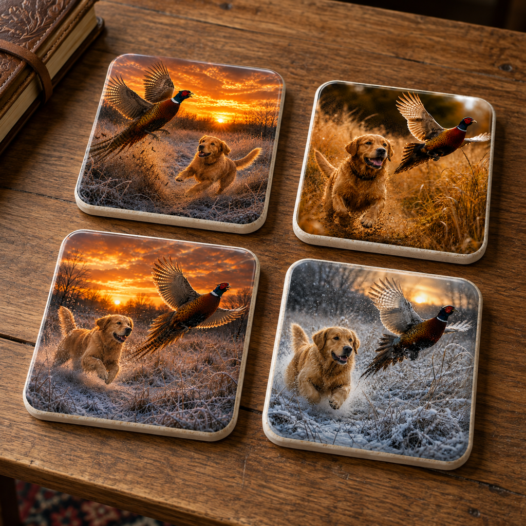 Four square ceramic coasters with rounded corners arranged on a wooden table. Each coaster features a printed nature sporting dog scene: golden retrievers running through frosty fields at sunset, with pheasants in flight.