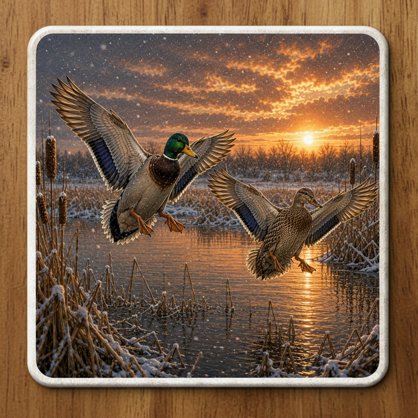 A square coaster featuring a winter landscape print of two mallard ducks flying over a snowy marsh at sunset, with a white border around the edge.