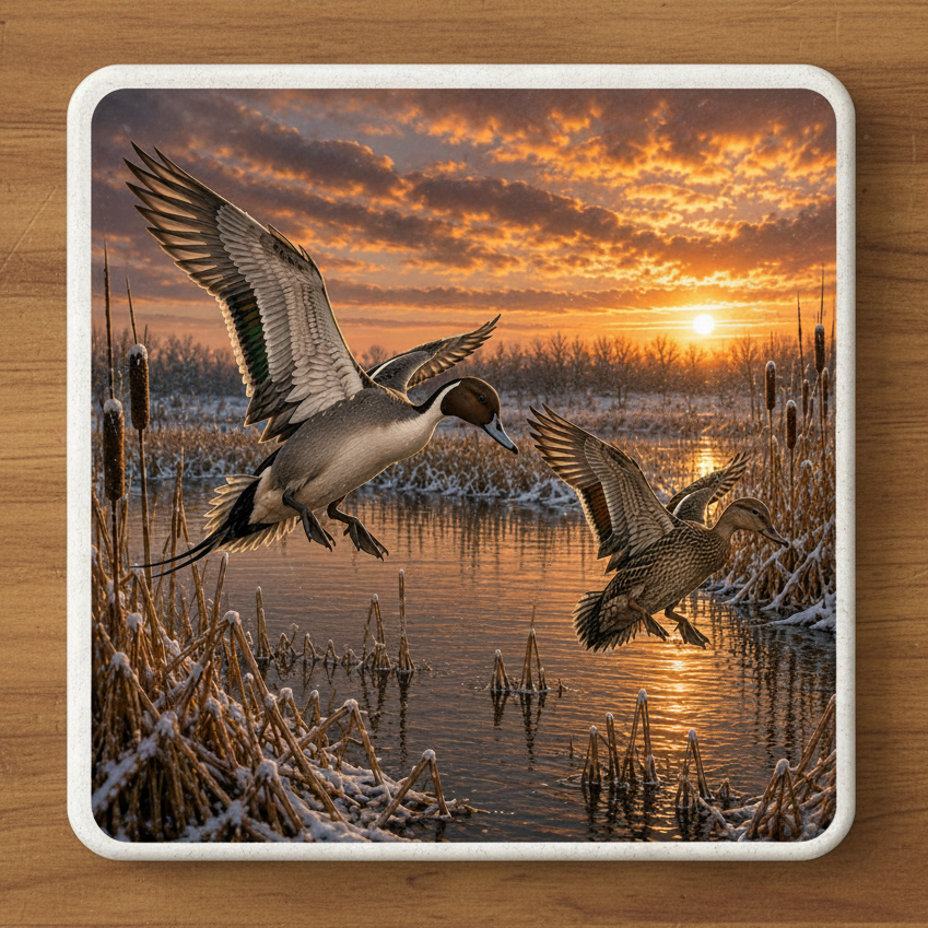 A square coaster featuring two Pintail ducks flying over a snowy marsh at sunset, with golden sky, reeds, and reflective water, shown with a white rounded border.