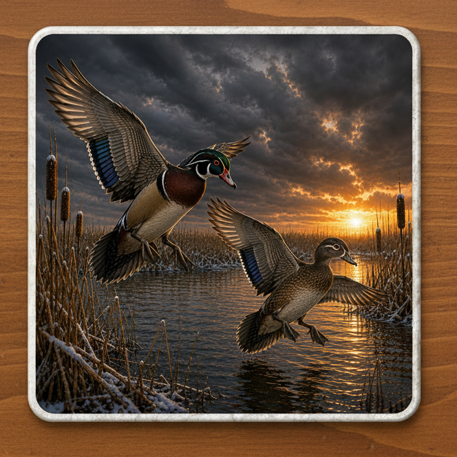 A square art print on ceramic coaster depicting two wood ducks flying over a snowy marsh at sunset, with dramatic dark clouds and golden light reflecting on the water, framed by a distressed white border.