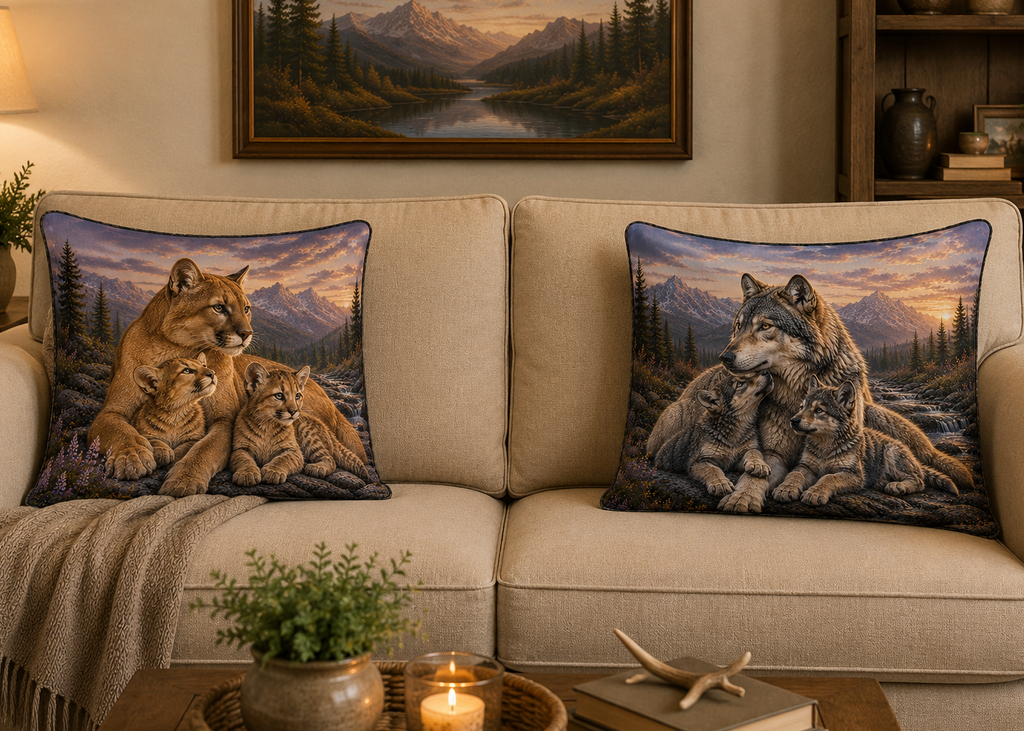 Cougar & Gray Wolf Families - Throw Pillow Cover Set