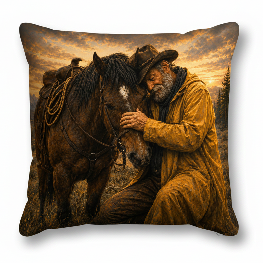 Throw Pillow with a cowboy hugging a horse against a sunset background