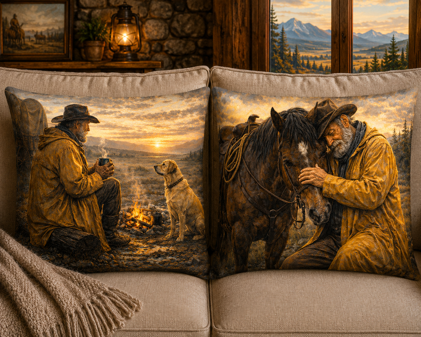 Decorative throw pillows with a cowboy and horse scene on a couch.