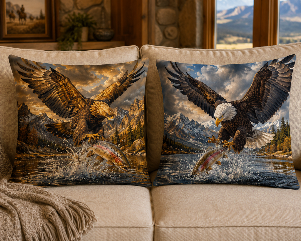 Two throw pillows with eagle designs, one a Golden Eagle and one a Bald Eagle, both catching Salmon