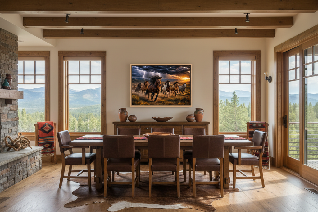 Dining room with a large painting of wild mustang horses on the wall, surrounded by windows with scenic views.
