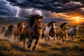 Wild Mustang horses running in a field with a dramatic sky and lightning.