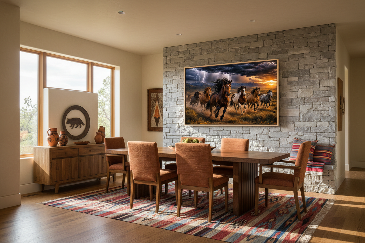 Dining room with a large wall art of wild mustang horses running, stone wall, and wooden furniture.