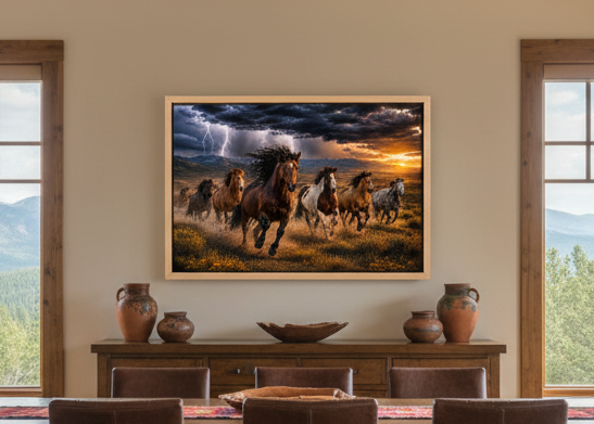 Framed artwork of wild mustang horses running in a field with a stormy sky above a dining room table.