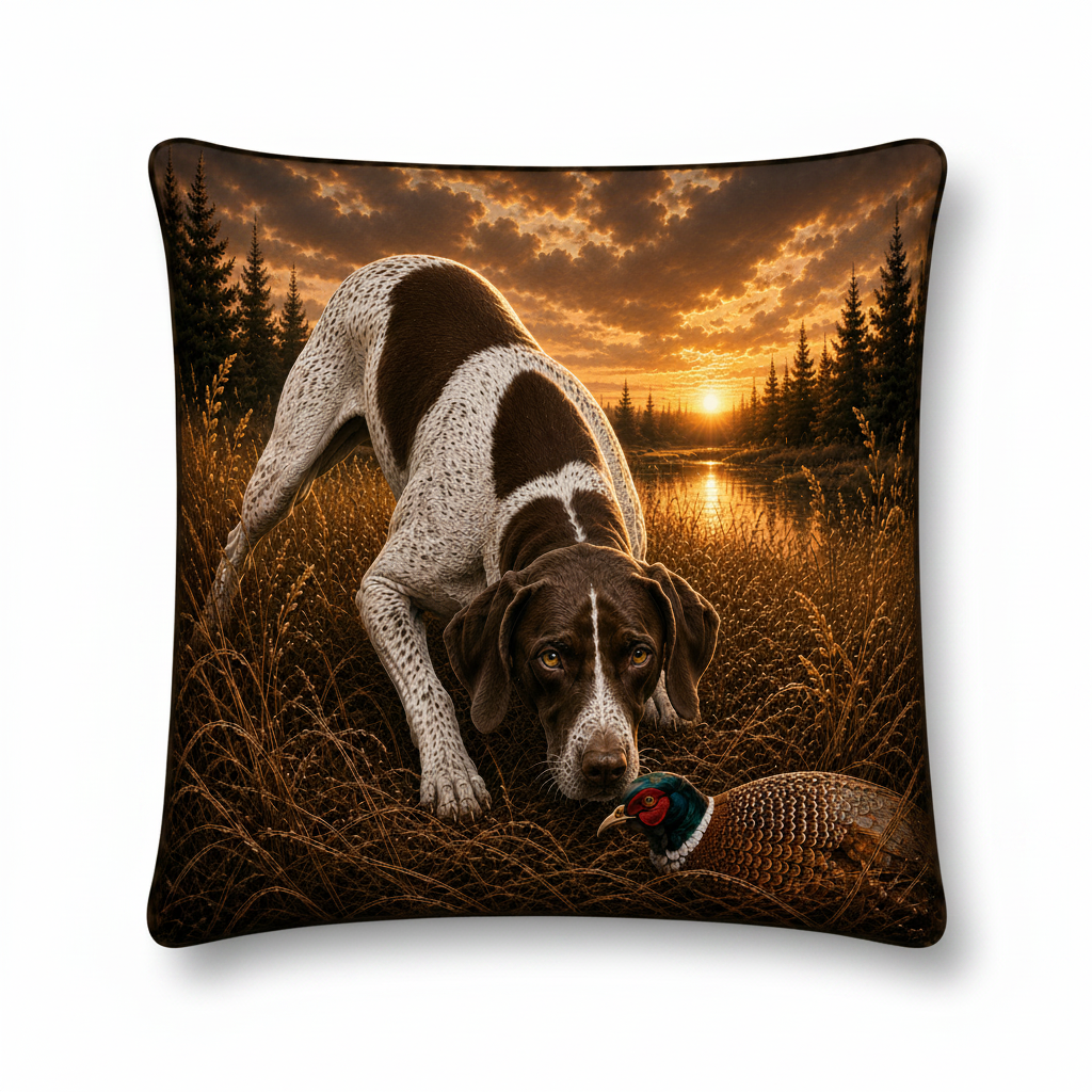 Decorative throw pillow with a German Shorthair Pointer hunting dog and ring-necked pheasant design against a sunset forest background.