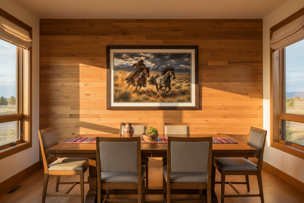 Dining room with wooden walls, a table, chairs, and a framed painting of a cowboy on horseback chasing a wild mustang horse on the wall.
