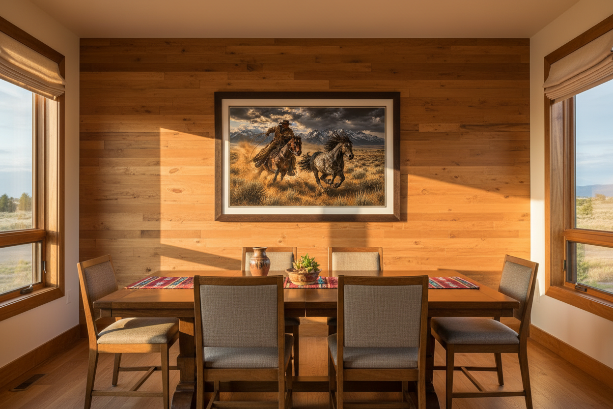 Dining room with wooden walls, a table, chairs, and a framed painting of a cowboy on horseback chasing a wild mustang horse on the wall.