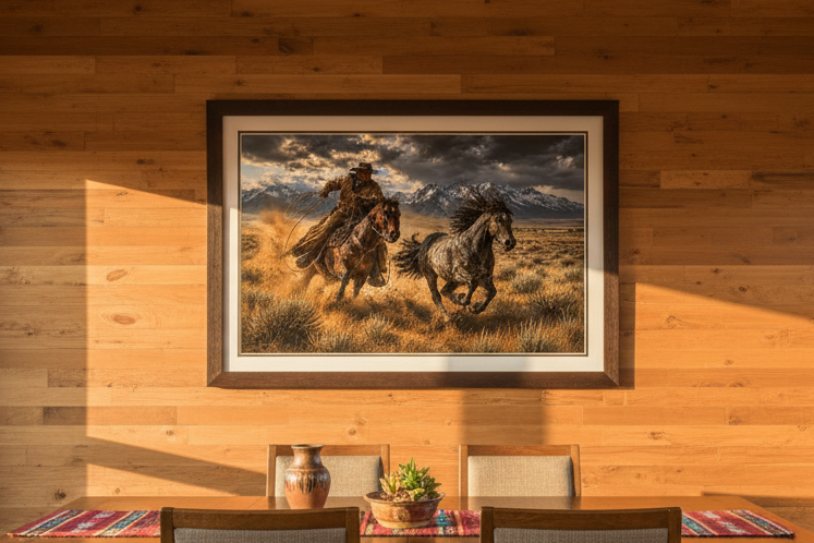 Framed painting of a cowboy on horseback chasing a wild mustang horse in a field with mountains, hanging on a wooden wall.