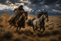 Painting of a cowboy on horseback chasing a wild mustang horse in a desert landscape with mountains in the background