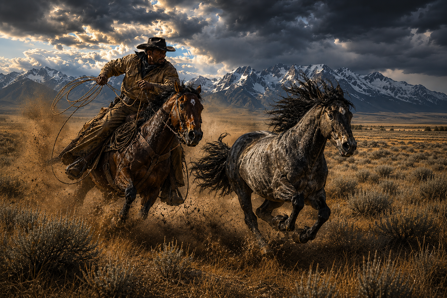 Painting of a cowboy on horseback chasing a wild mustang horse in a desert landscape with mountains in the background